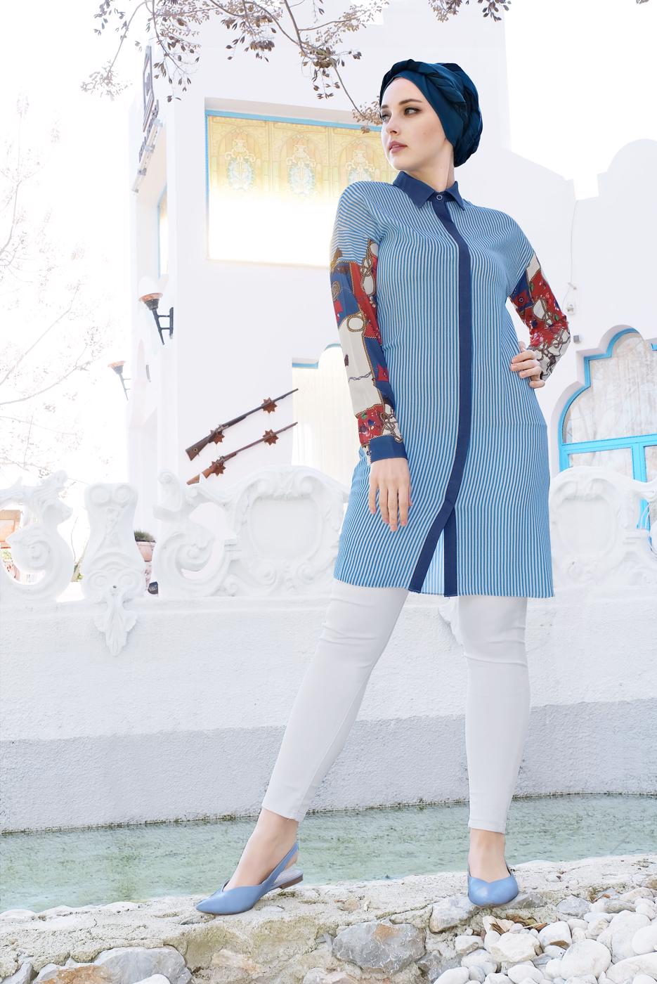 Tesettür giyim LACİVERT ALVİNA ÇİZGİLİ DESENLİ TUNİK 4113