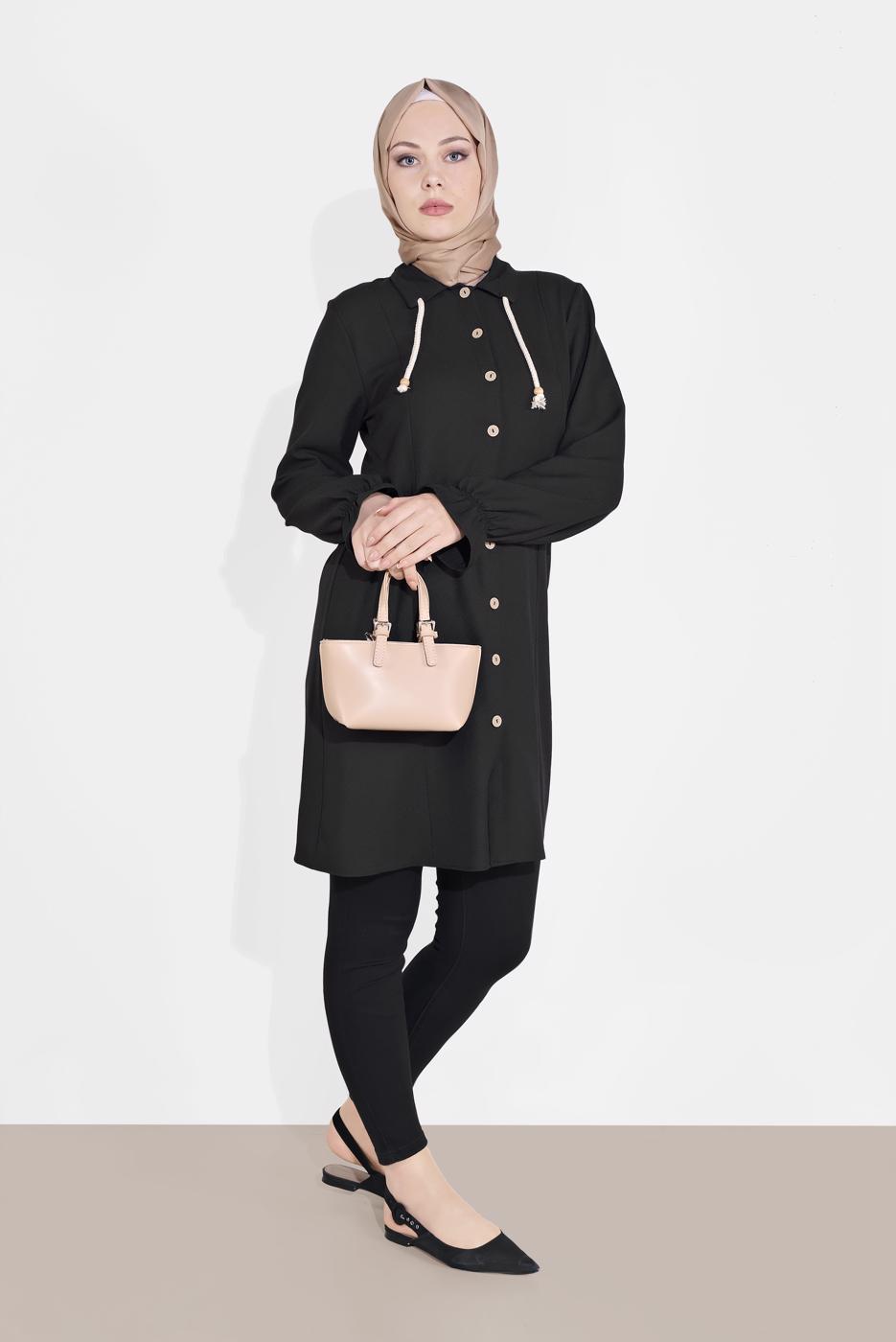 Tesettür giyim SİYAH DÜĞMELİ MANŞETLERİ LASTİKLİ TUNİK 4301 