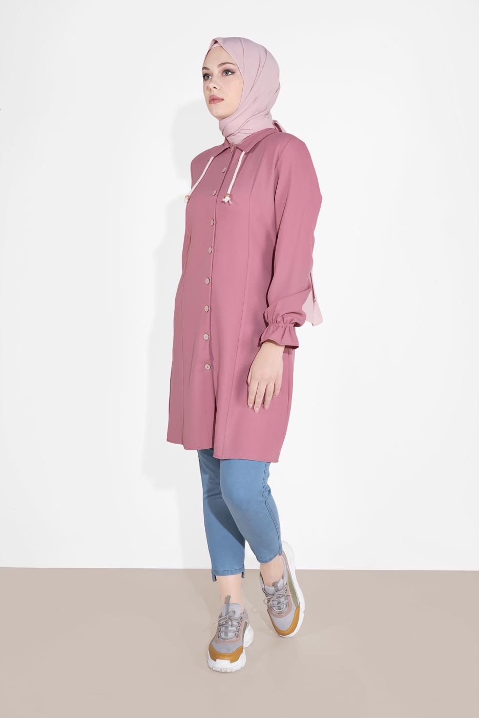 Tesettür giyim PUDRA DÜĞMELİ MANŞETLERİ LASTİKLİ TUNİK 4301 