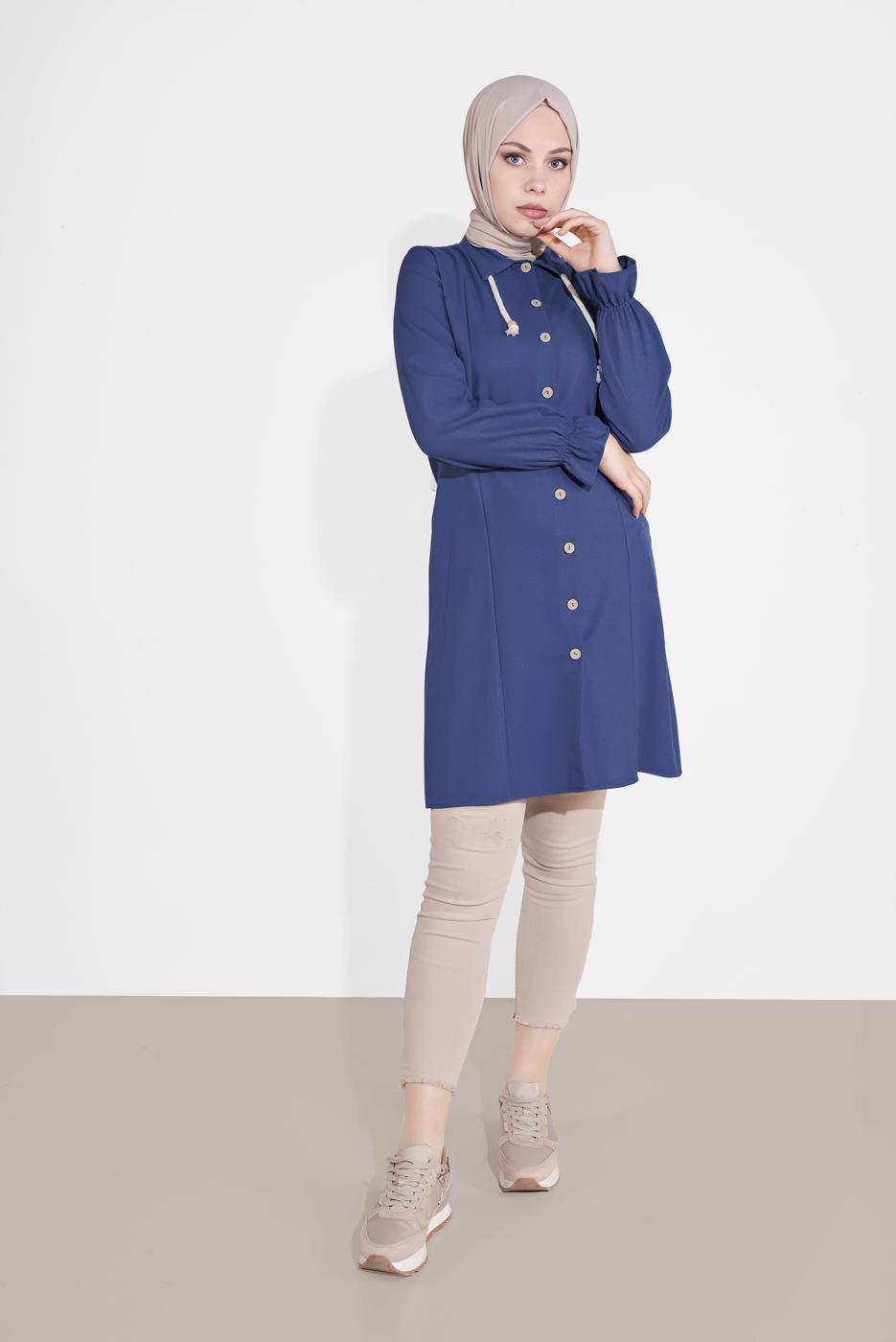 Tesettür giyim LACİVERT DÜĞMELİ MANŞETLERİ LASTİKLİ TUNİK 4301 