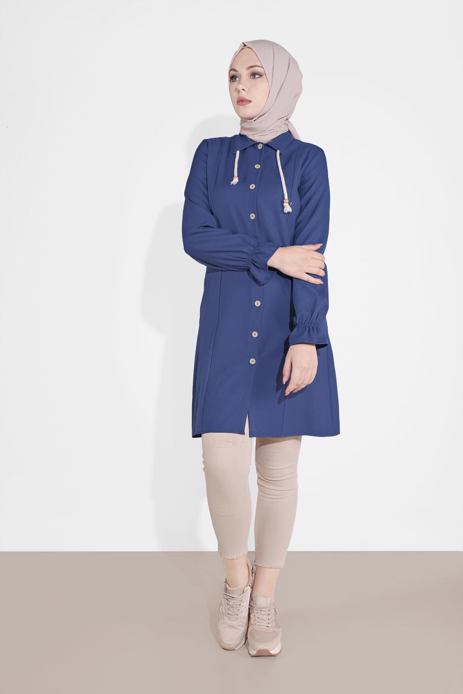 Tesettür giyim LACİVERT DÜĞMELİ MANŞETLERİ LASTİKLİ TUNİK 4301 