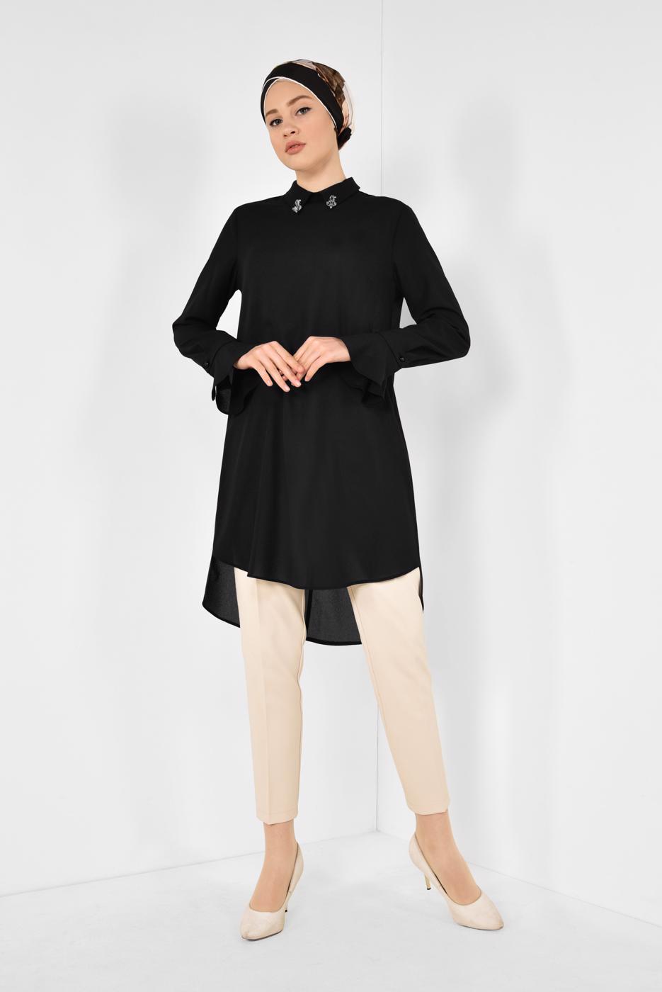 Tesettür giyim SİYAH ALVİNA YAKA AKSESUARLI TUNİK 4879