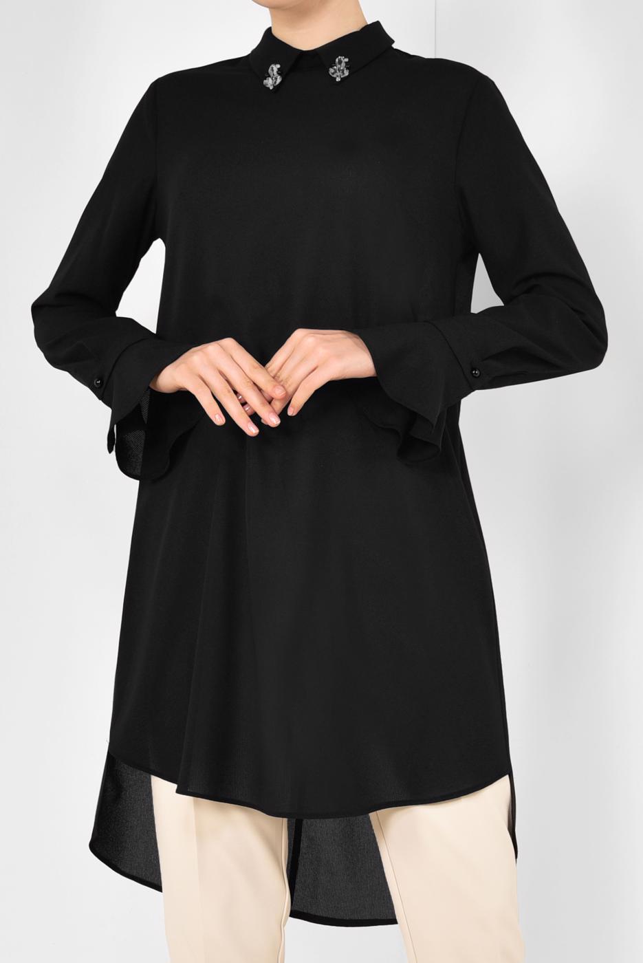 Tesettür giyim SİYAH ALVİNA YAKA AKSESUARLI TUNİK 4879