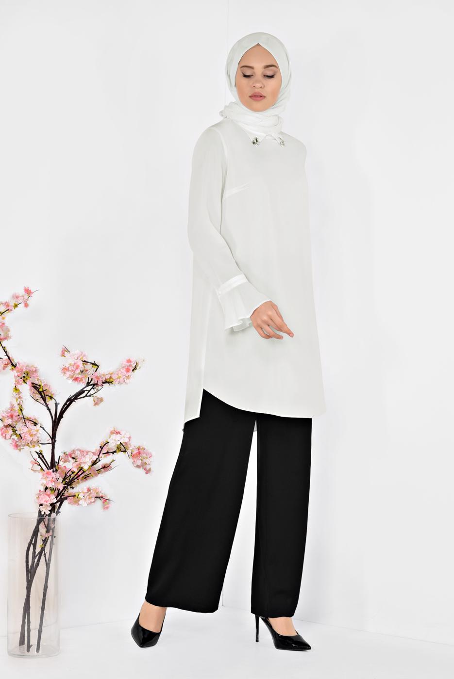 Tesettür giyim KREM ALVİNA YAKA AKSESUARLI TUNİK 4879