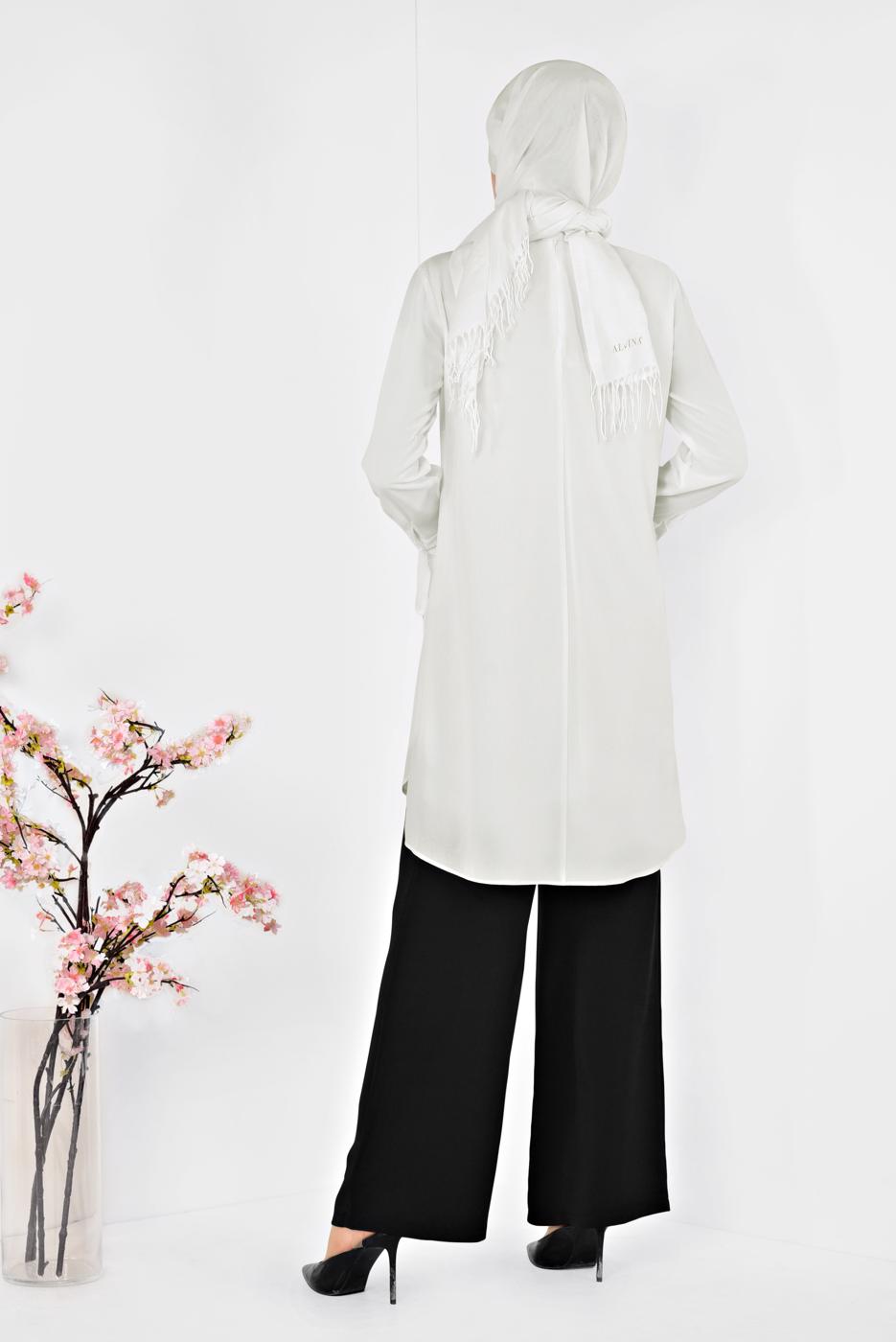 Tesettür giyim KREM ALVİNA YAKA AKSESUARLI TUNİK 4879