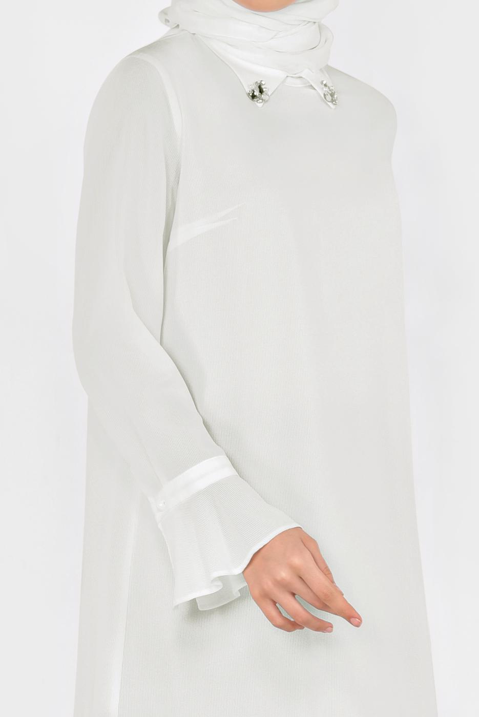 Tesettür giyim KREM ALVİNA YAKA AKSESUARLI TUNİK 4879