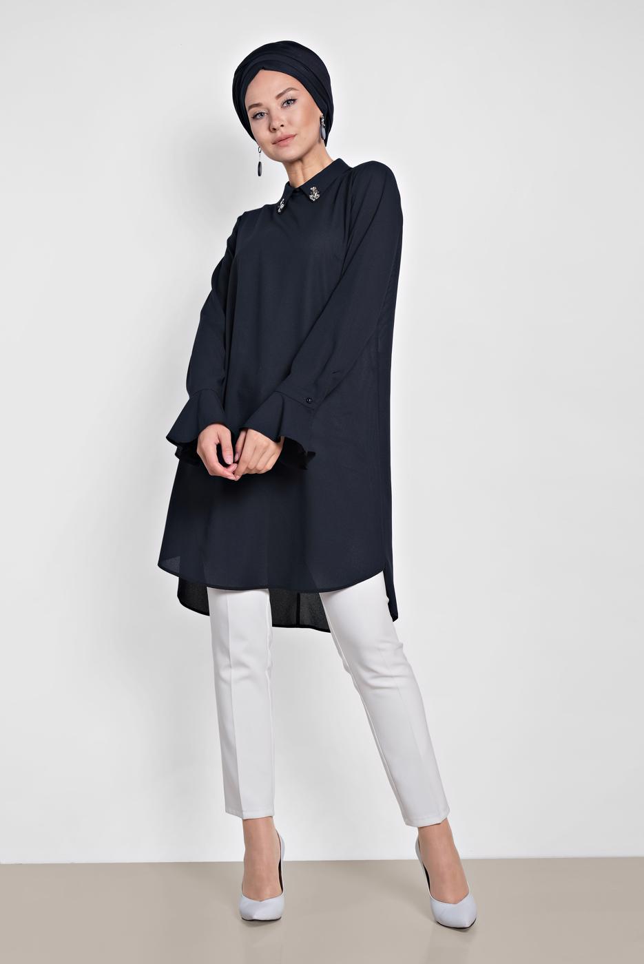 Tesettür giyim LACİVERT ALVİNA YAKA AKSESUARLI TUNİK 4879