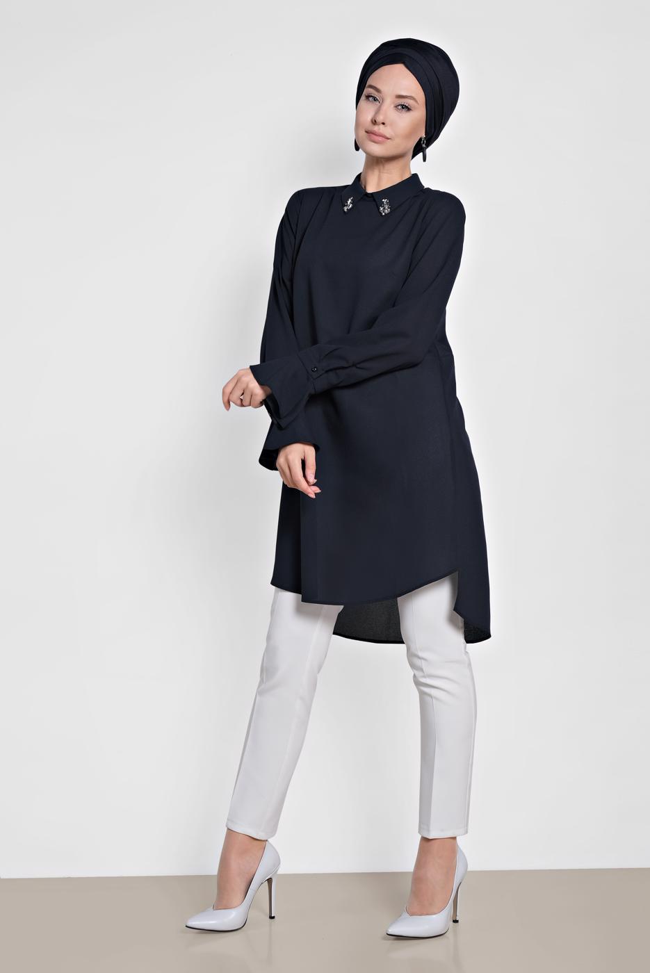 Tesettür giyim LACİVERT ALVİNA YAKA AKSESUARLI TUNİK 4879