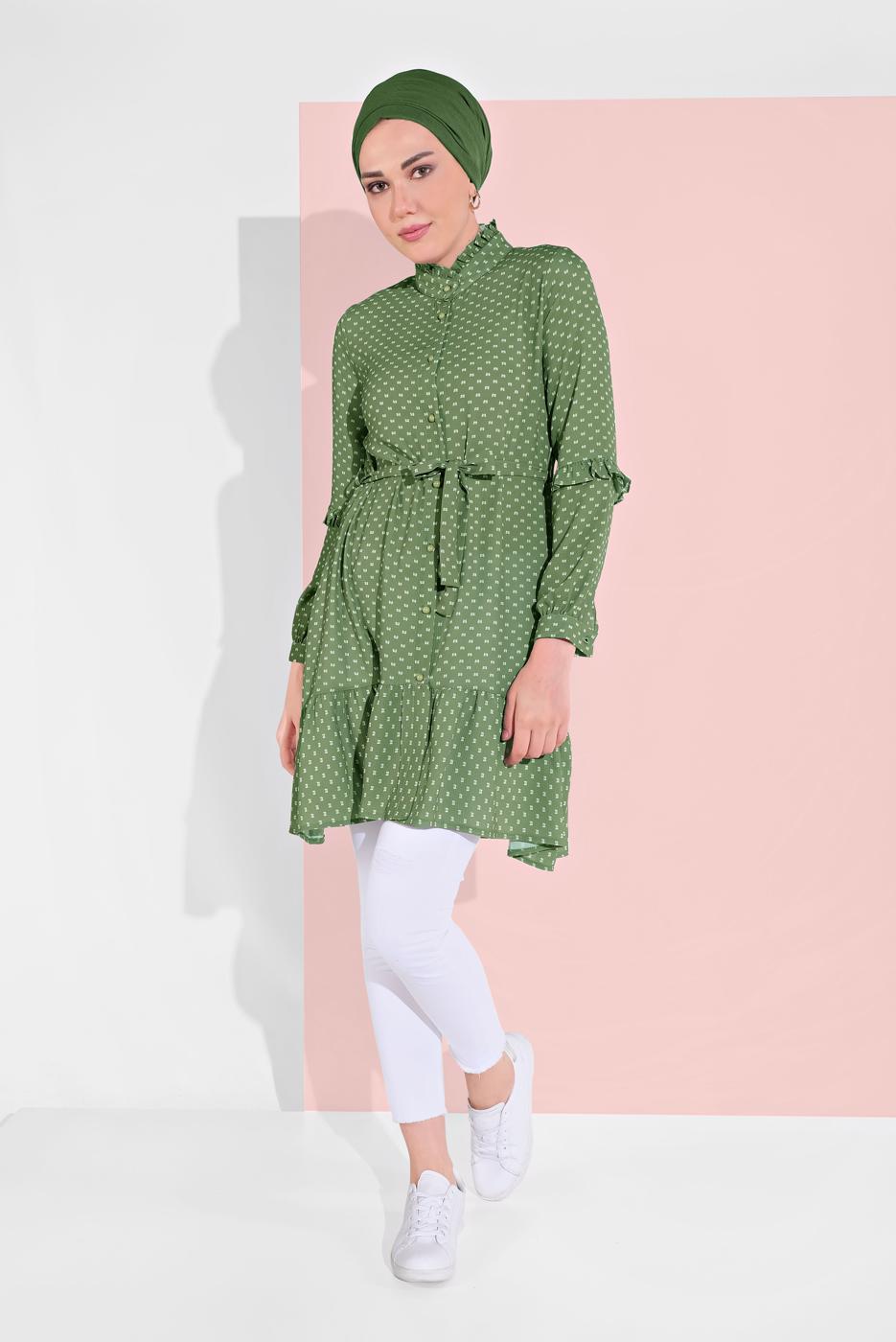 Tesettür giyim YEŞİL BELİ KUŞAKLI DÜĞMELİ TUNİK 5065-1 
