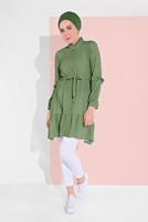 Tesettür giyim YEŞİL BELİ KUŞAKLI DÜĞMELİ TUNİK 5065-1 