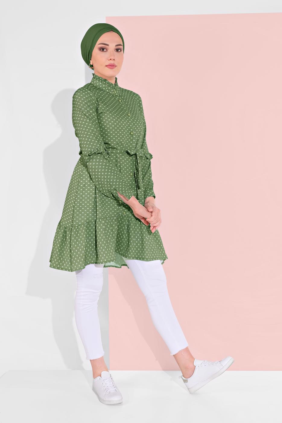 Tesettür giyim YEŞİL BELİ KUŞAKLI DÜĞMELİ TUNİK 5065-1 