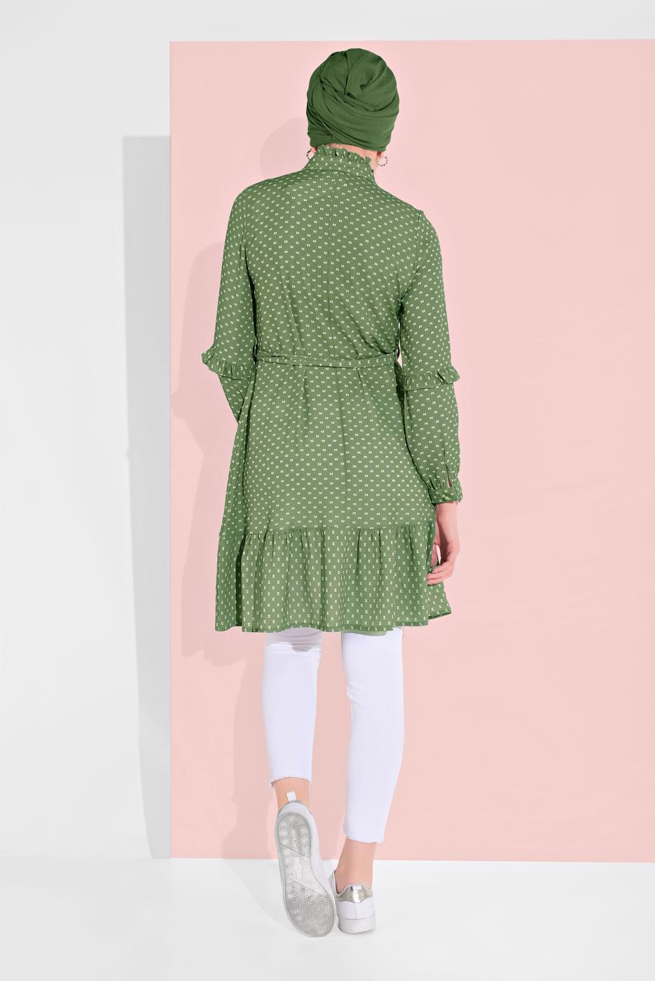 Tesettür giyim YEŞİL BELİ KUŞAKLI DÜĞMELİ TUNİK 5065-1 