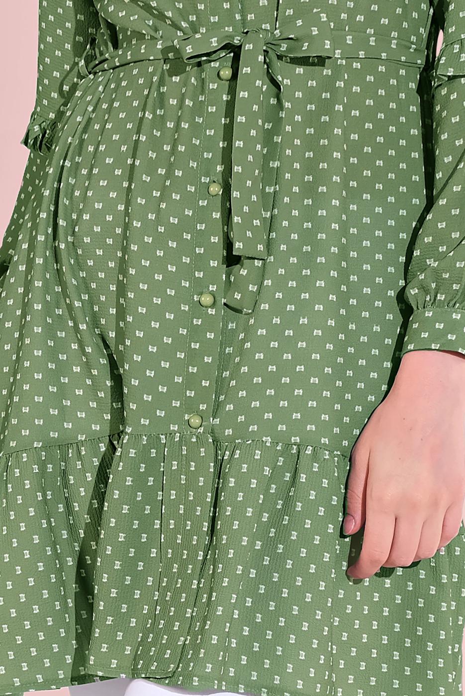 Tesettür giyim YEŞİL BELİ KUŞAKLI DÜĞMELİ TUNİK 5065-1 