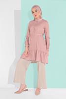 Tesettür giyim PUDRA BELİ KUŞAKLI DÜĞMELİ TUNİK 5065-1 