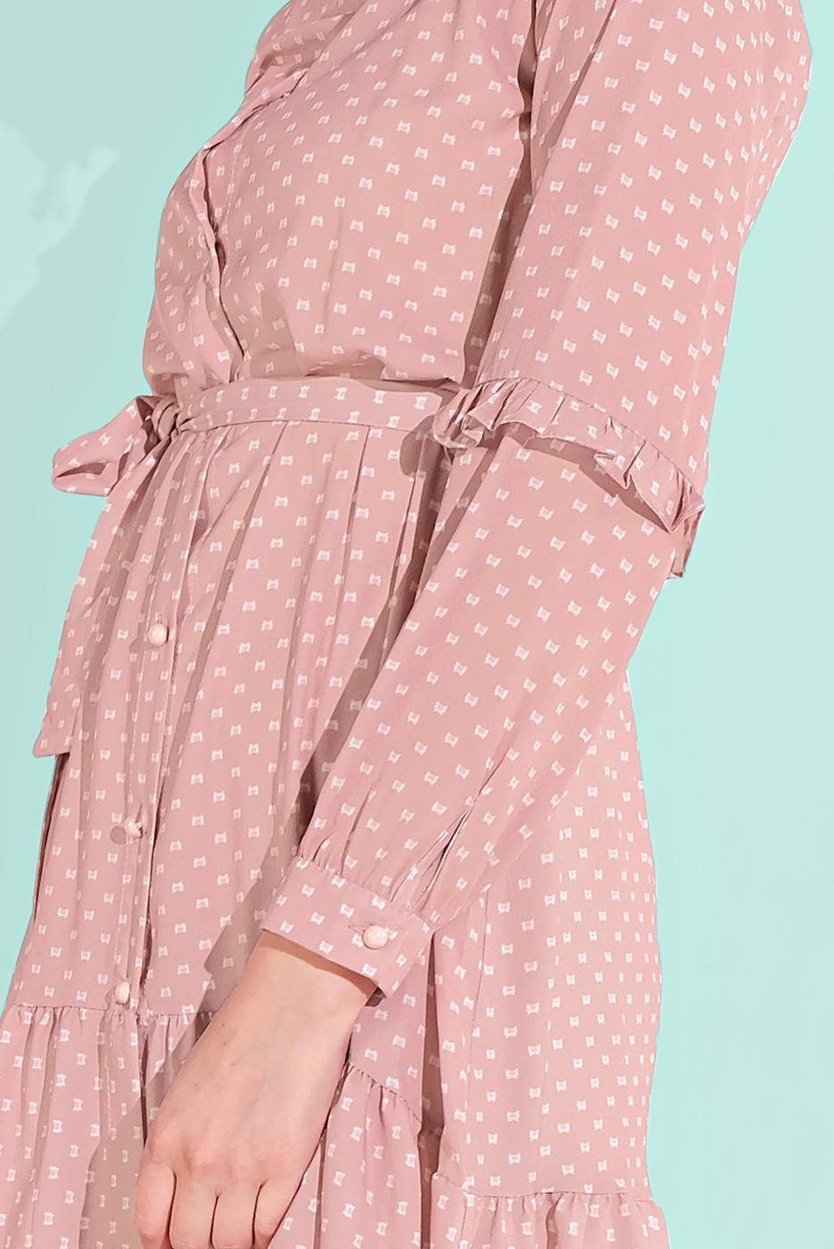 Tesettür giyim PUDRA BELİ KUŞAKLI DÜĞMELİ TUNİK 5065-1 