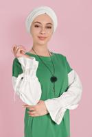 Tesettür giyim YEŞİL MANŞETLERİ BAĞCIKLI TUNİK  01815