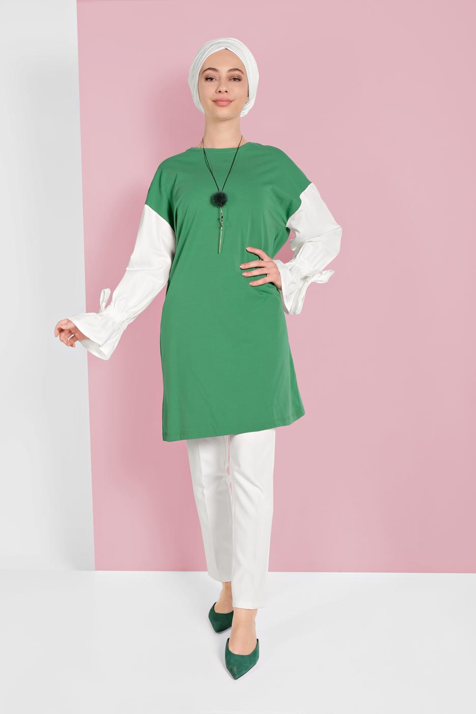 Tesettür giyim YEŞİL MANŞETLERİ BAĞCIKLI TUNİK  01815