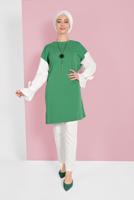 Tesettür giyim YEŞİL MANŞETLERİ BAĞCIKLI TUNİK  01815