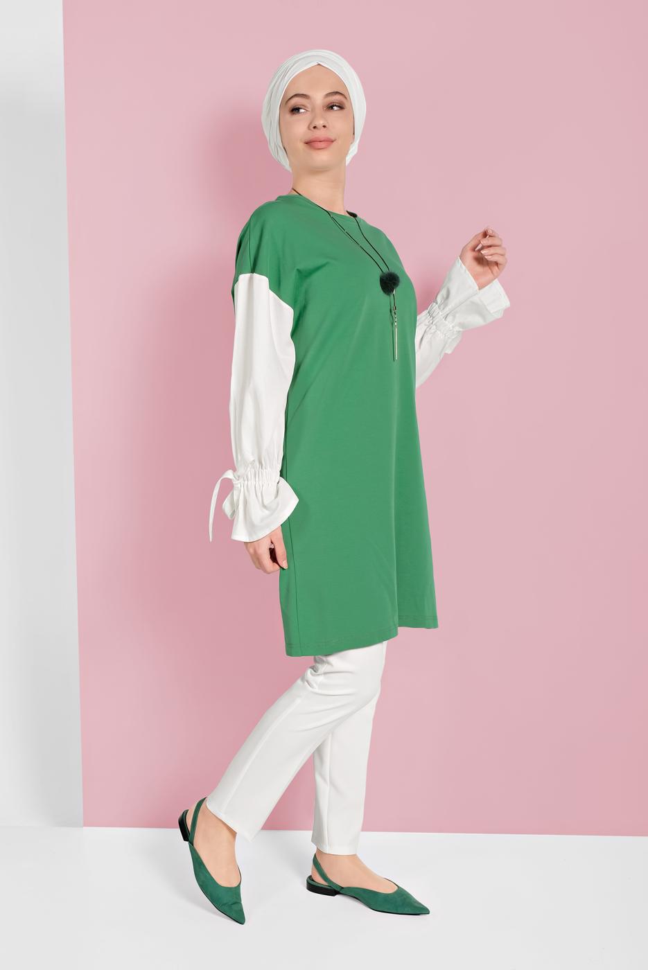 Tesettür giyim YEŞİL MANŞETLERİ BAĞCIKLI TUNİK  01815