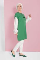 Tesettür giyim YEŞİL MANŞETLERİ BAĞCIKLI TUNİK  01815