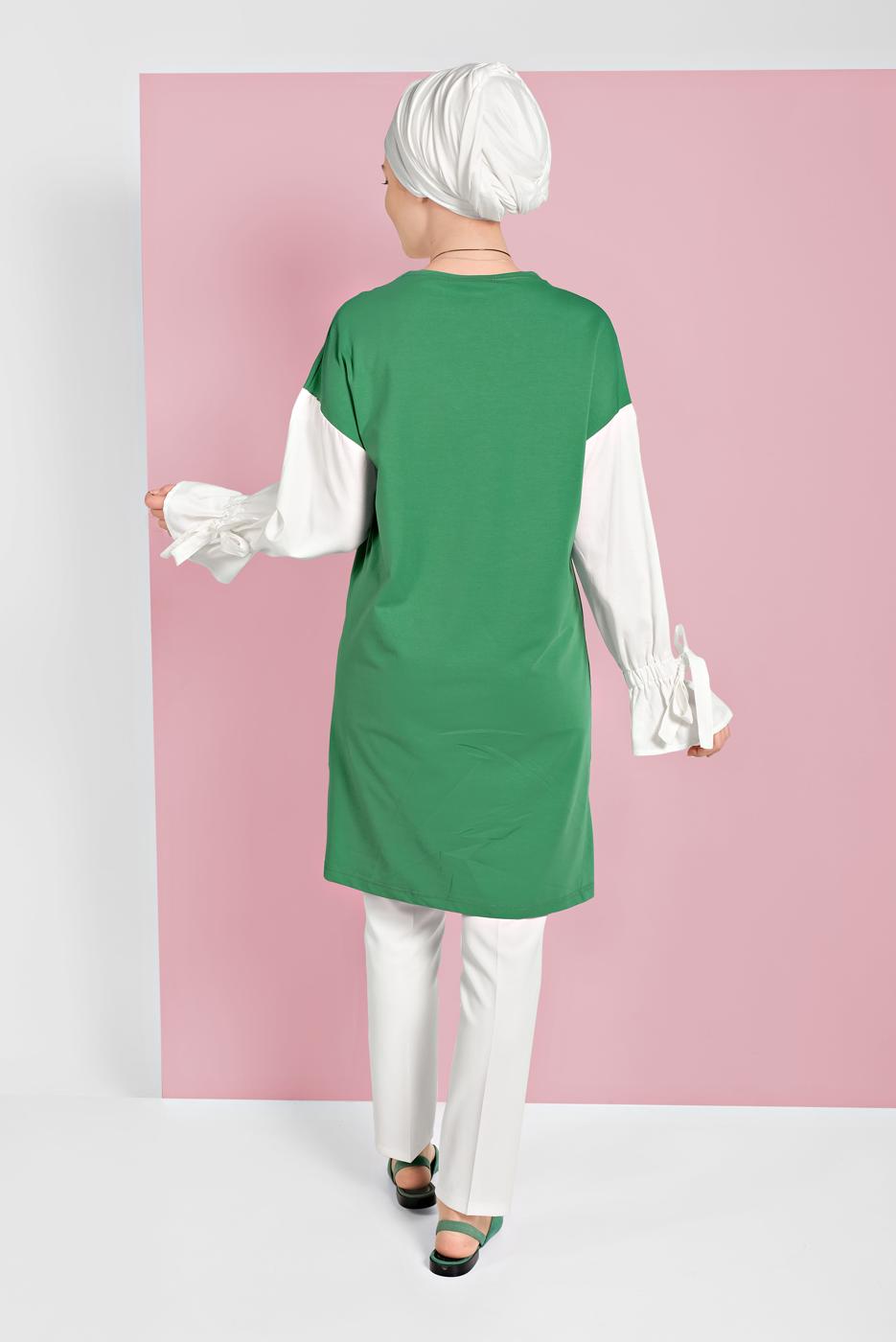 Tesettür giyim YEŞİL MANŞETLERİ BAĞCIKLI TUNİK  01815
