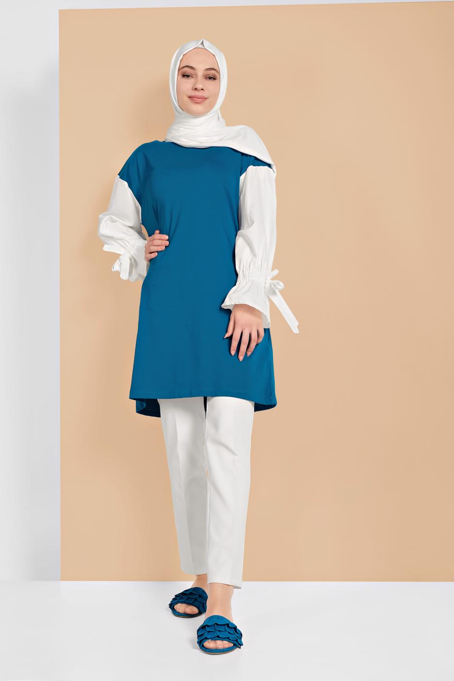 Tesettür giyim MAVİ MANŞETLERİ BAĞCIKLI TUNİK  01815