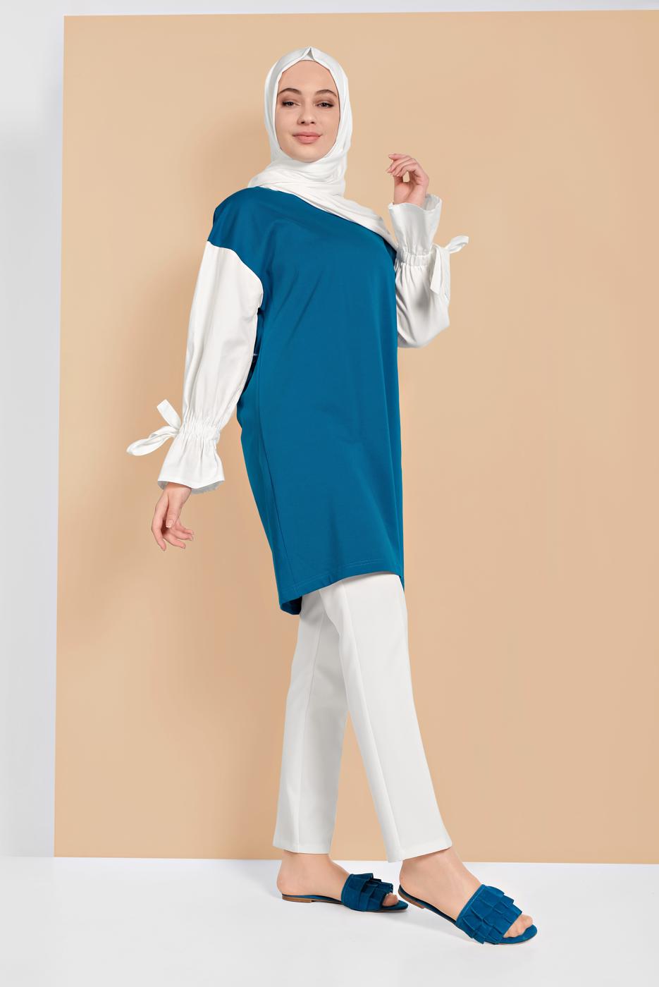 Tesettür giyim MAVİ MANŞETLERİ BAĞCIKLI TUNİK  01815