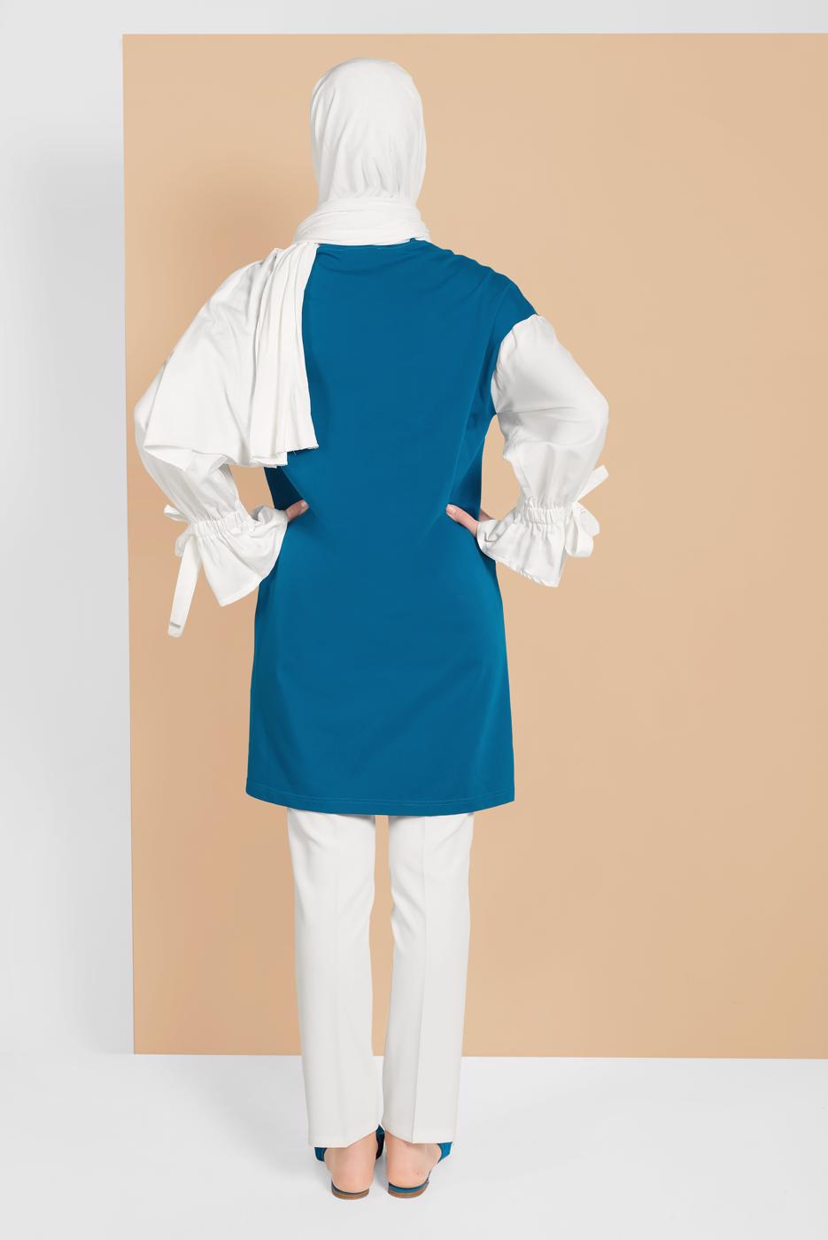 Tesettür giyim MAVİ MANŞETLERİ BAĞCIKLI TUNİK  01815