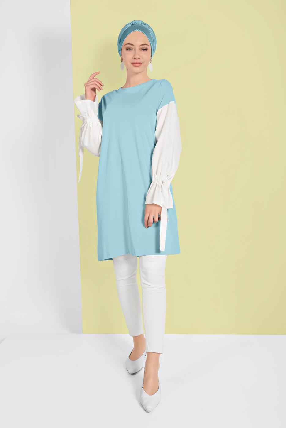 Tesettür giyim MAVİ MANŞETLERİ BAĞCIKLI TUNİK  01815