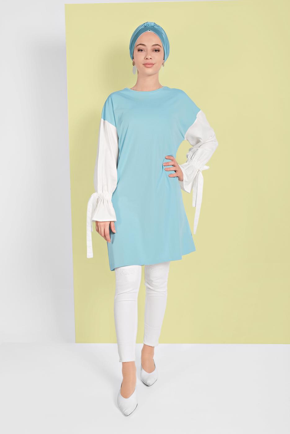 Tesettür giyim MAVİ MANŞETLERİ BAĞCIKLI TUNİK  01815