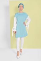 Tesettür giyim MAVİ MANŞETLERİ BAĞCIKLI TUNİK  01815