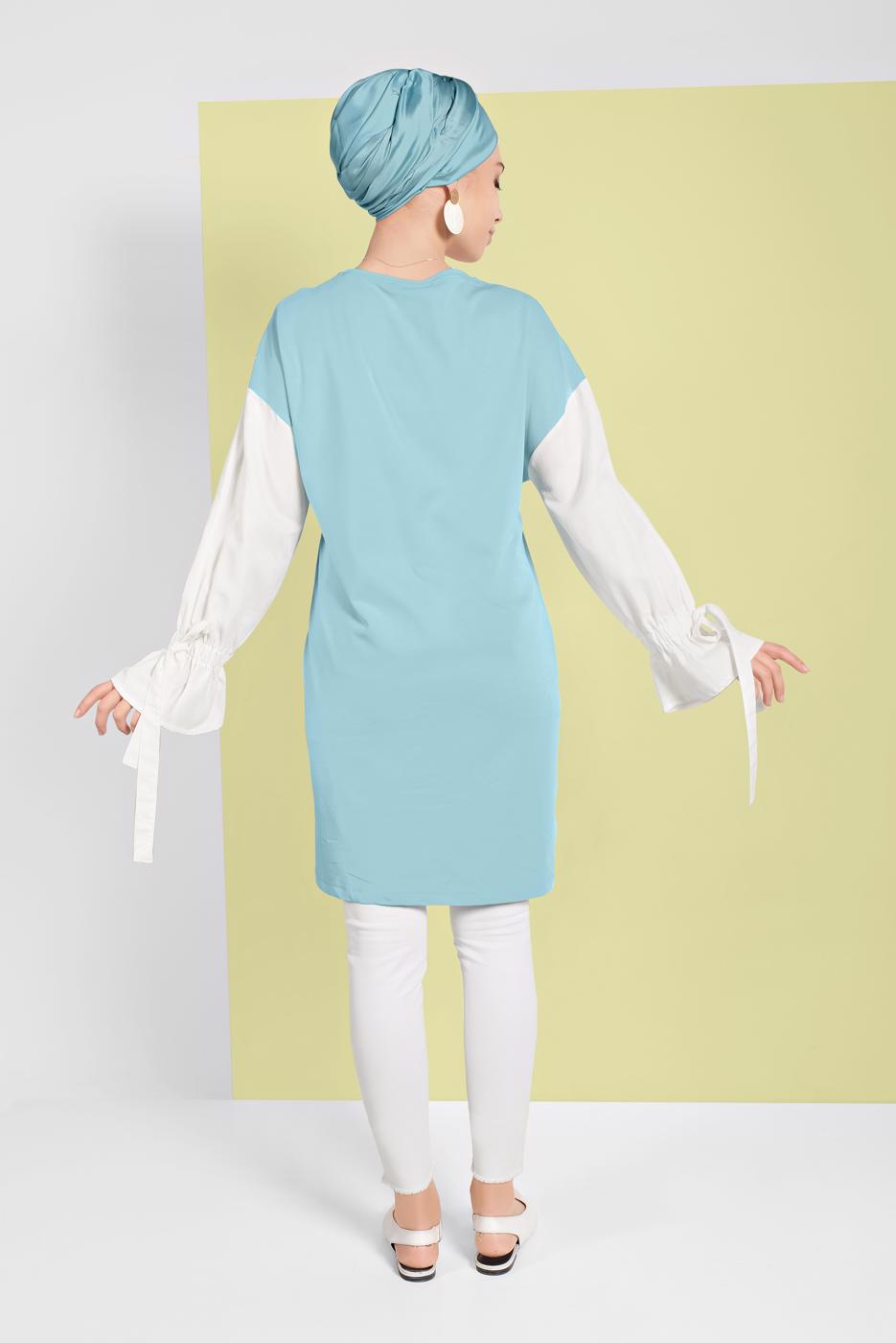 Tesettür giyim MAVİ MANŞETLERİ BAĞCIKLI TUNİK  01815