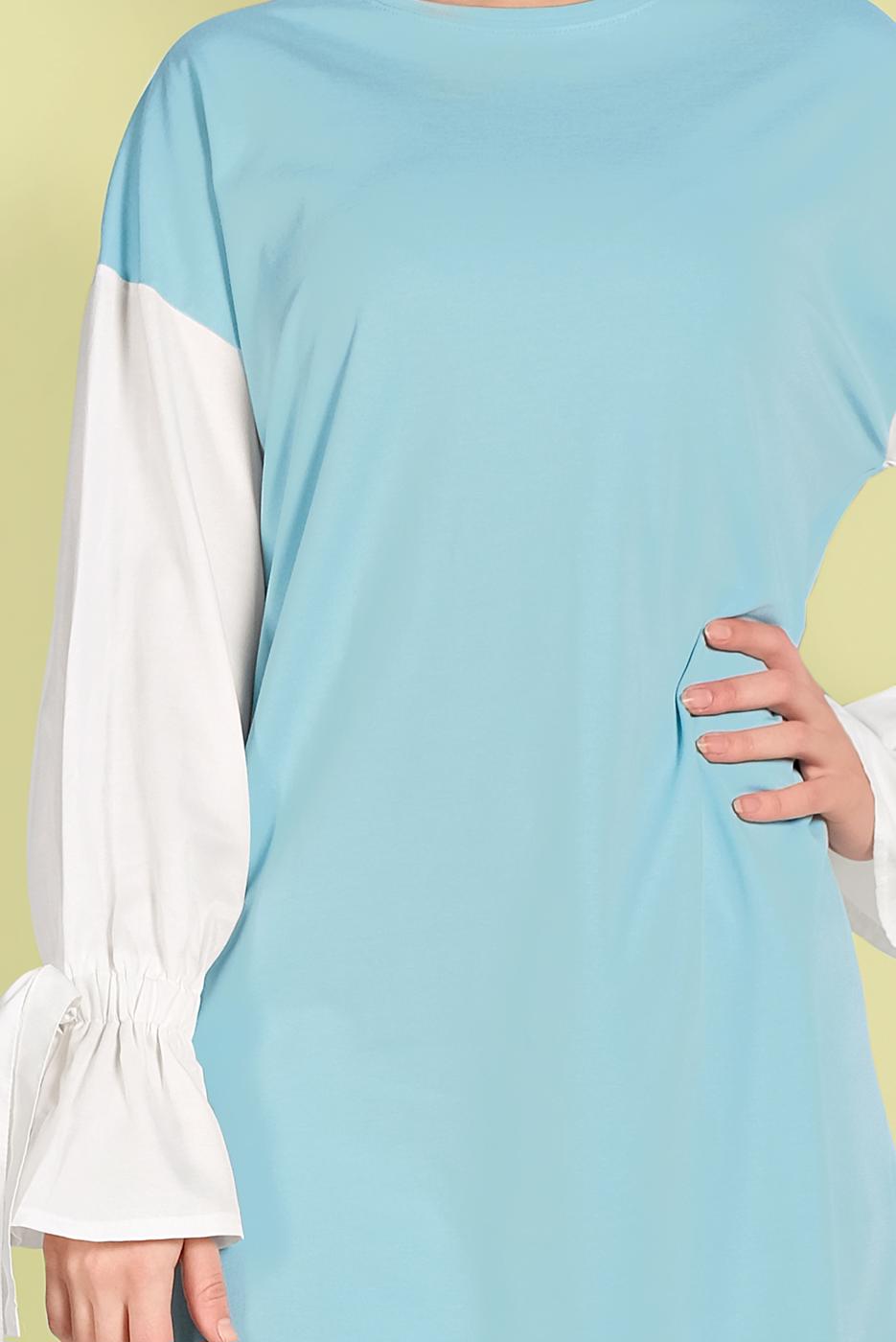 Tesettür giyim MAVİ MANŞETLERİ BAĞCIKLI TUNİK  01815