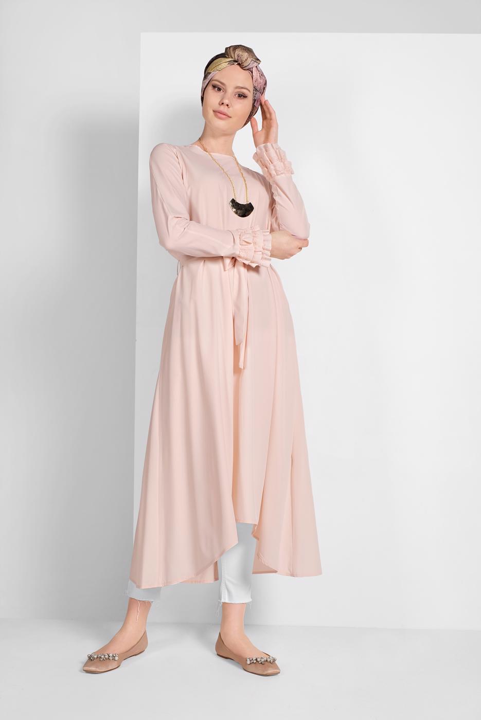 Tesettür giyim PUDRA KOLLARI FIRFIRLI TUNİK 11715