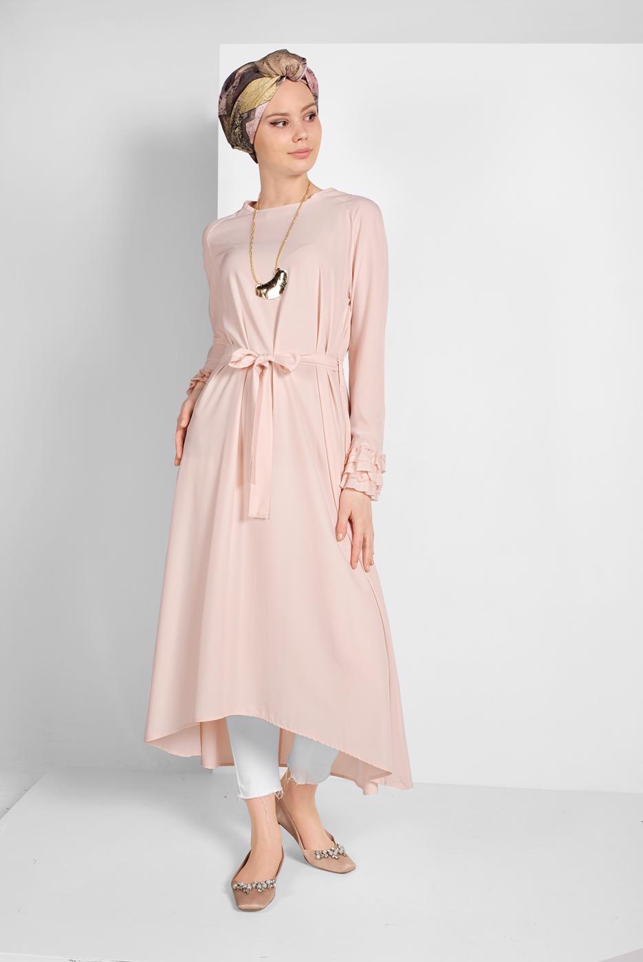 Tesettür giyim PUDRA KOLLARI FIRFIRLI TUNİK 11715