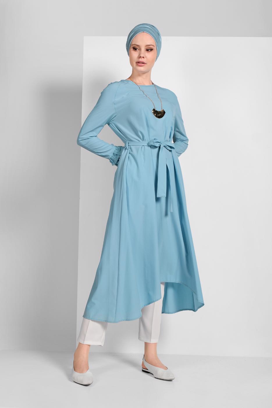 Tesettür giyim MAVİ KOLLARI FIRFIRLI TUNİK 11715