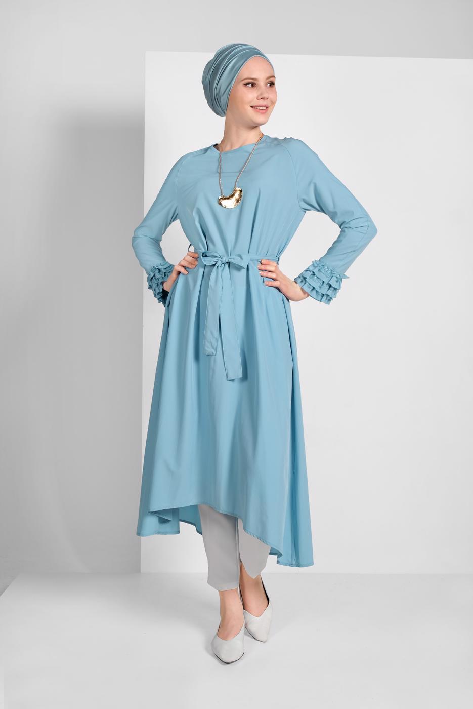 Tesettür giyim MAVİ KOLLARI FIRFIRLI TUNİK 11715
