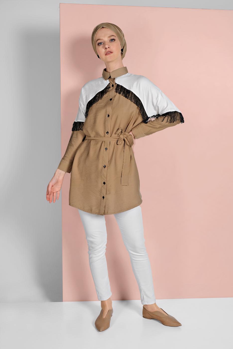 Vêtements hijab BEIGE CHEMISE À FRANGES 17202 