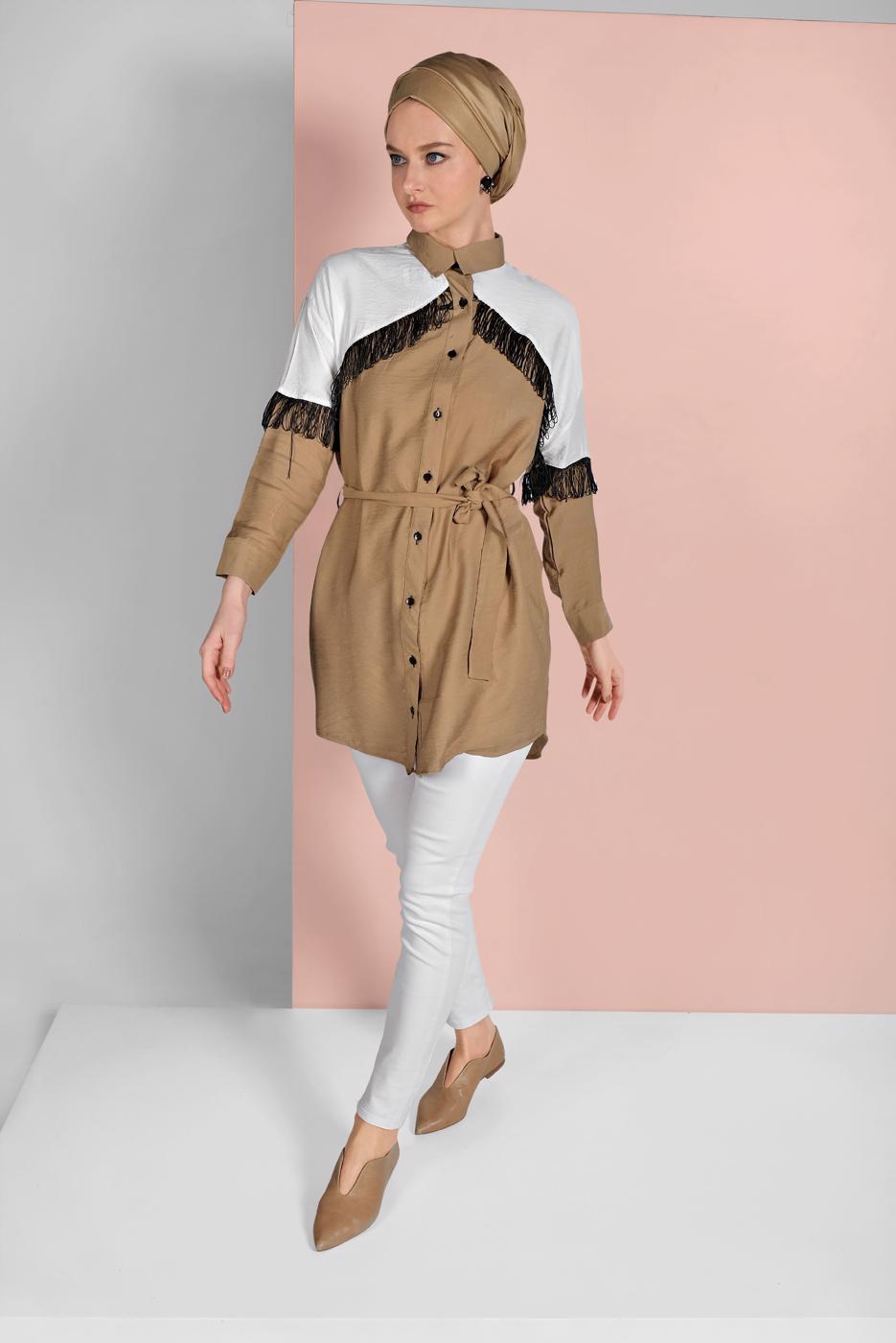 Vêtements hijab BEIGE CHEMISE À FRANGES 17202 