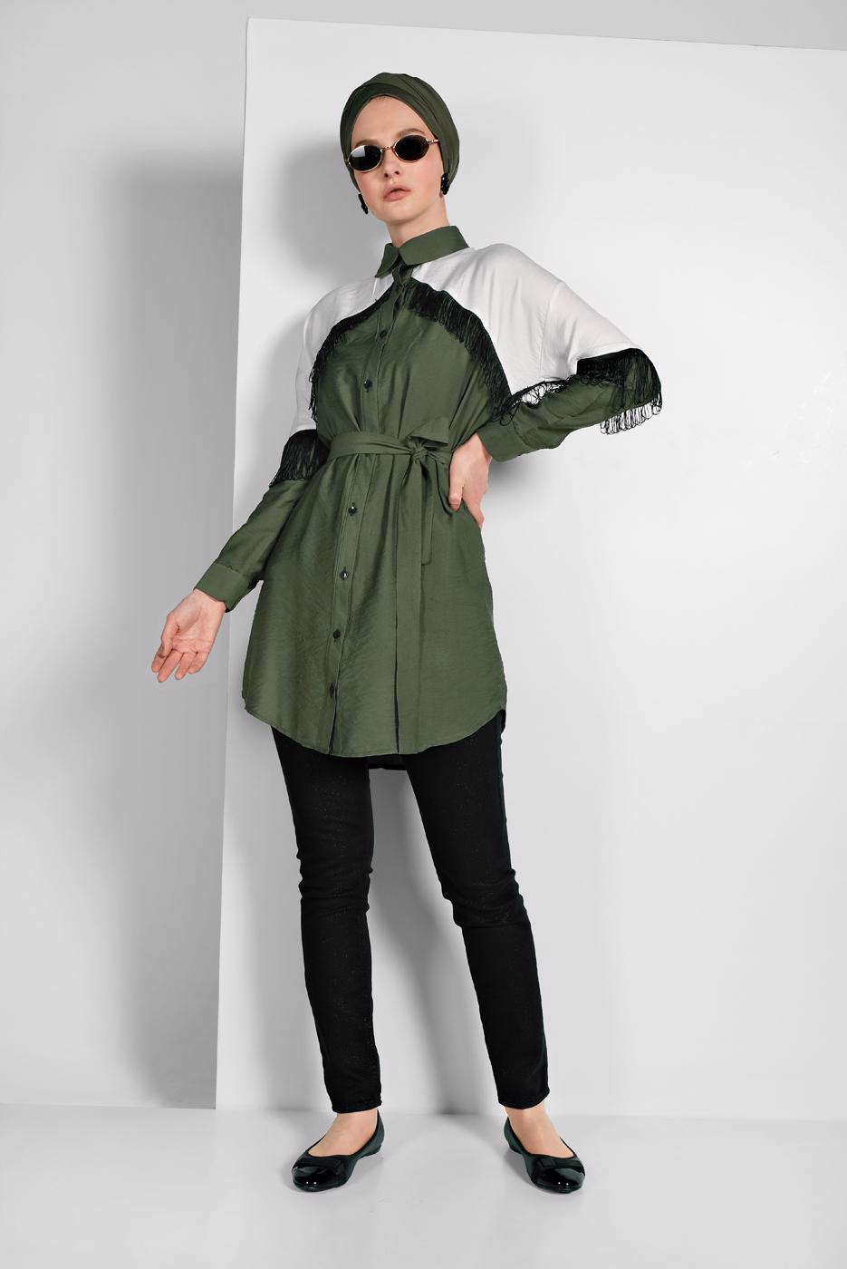 Hijab clothing KHAKI FRINGED SHIRT 17202 