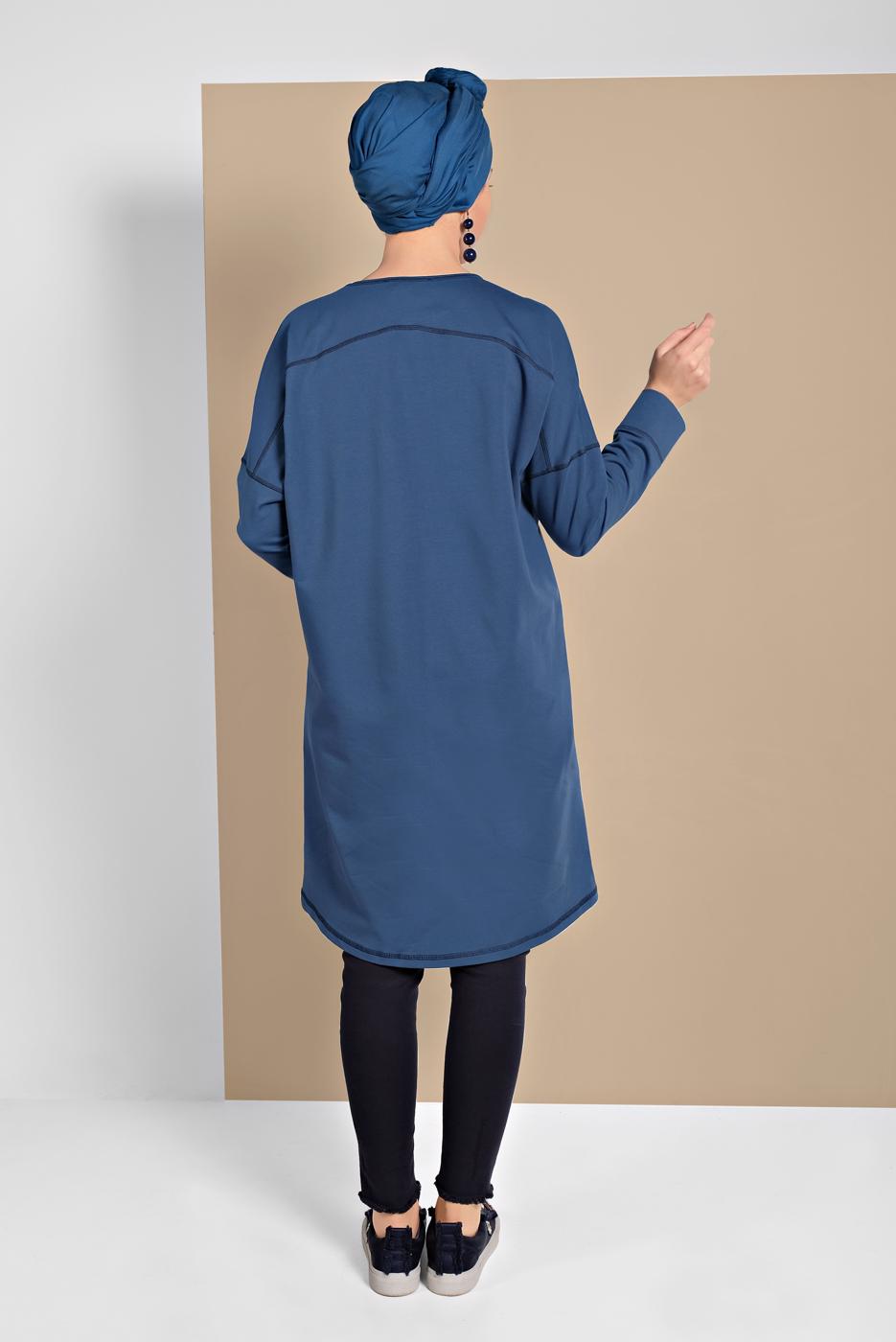 Tesettür giyim MAVİ YAZI DETAYLI PAMUKLU TUNİK 18515