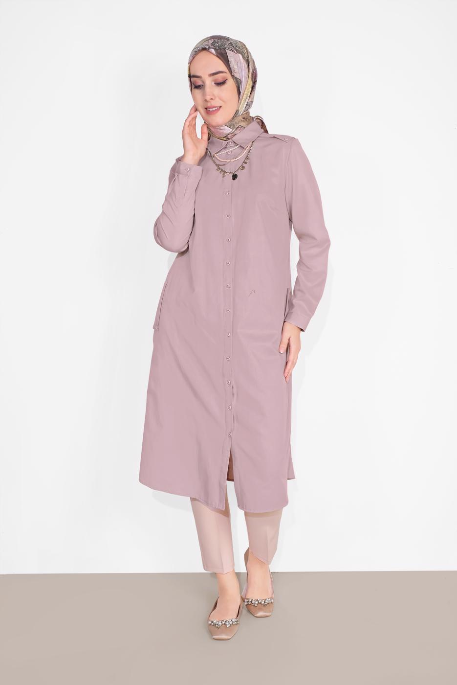 Tesettür giyim PUDRA PAMUKLU BOYDAN DÜĞMELİ TUNİK 18705 