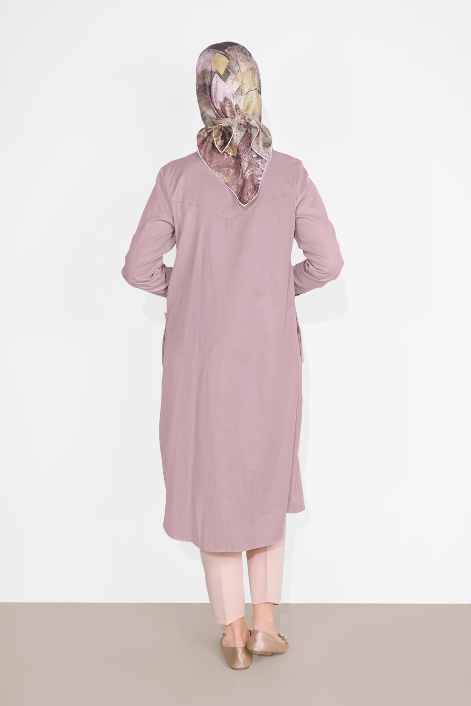 Tesettür giyim PUDRA PAMUKLU BOYDAN DÜĞMELİ TUNİK 18705 