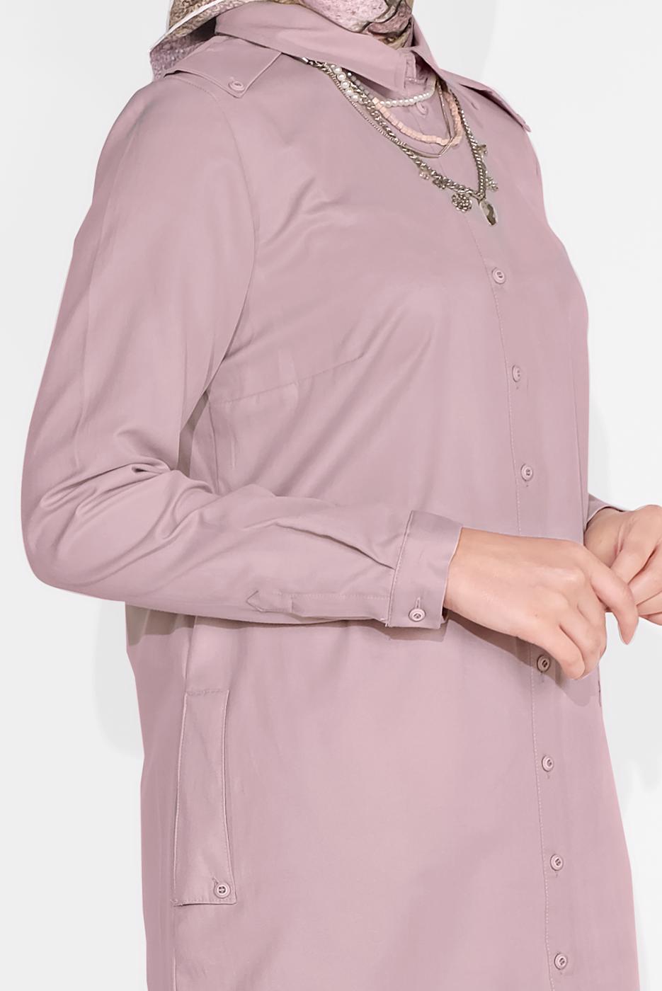 Tesettür giyim PUDRA PAMUKLU BOYDAN DÜĞMELİ TUNİK 18705 