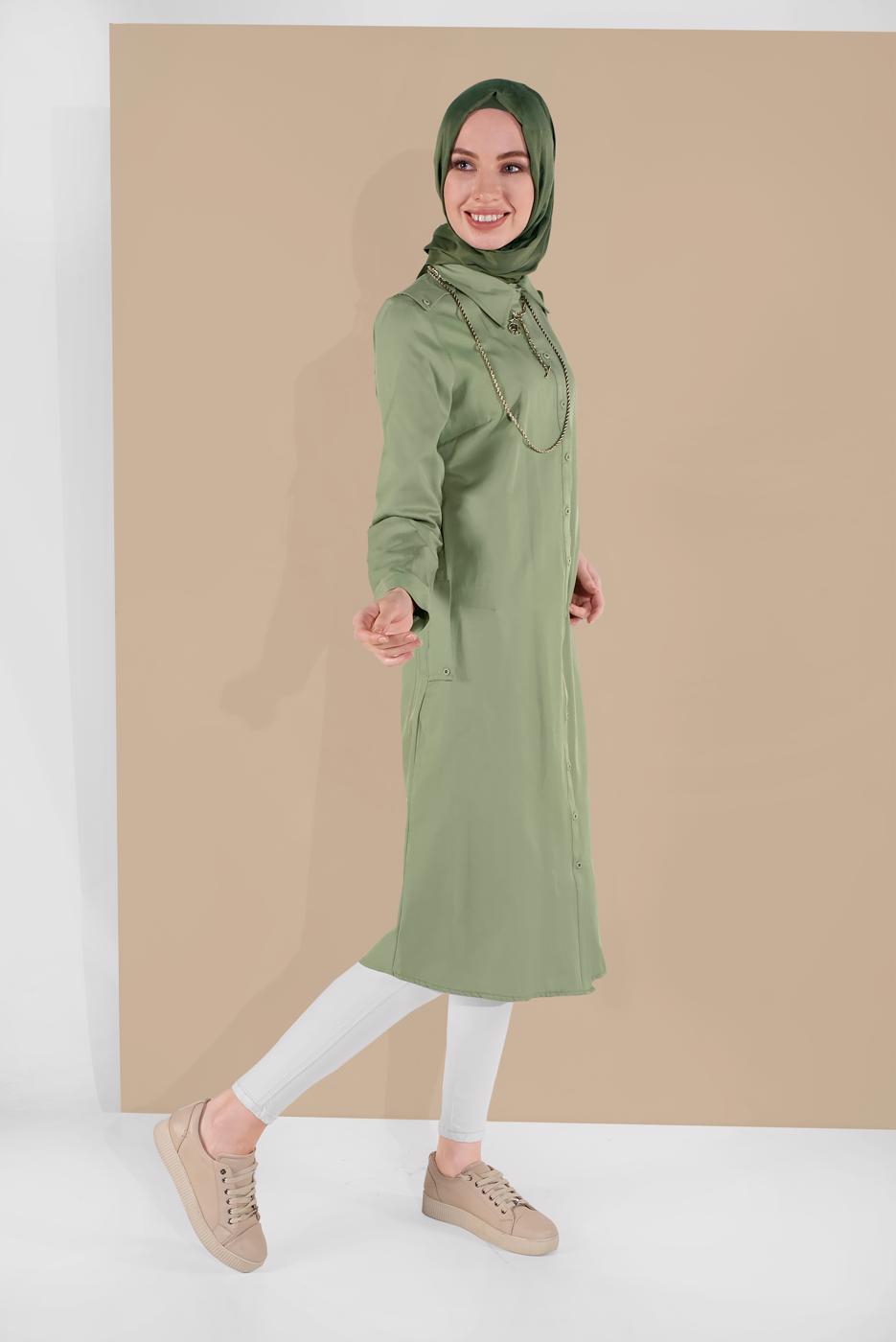 Tesettür giyim YEŞİL PAMUKLU BOYDAN DÜĞMELİ TUNİK 18705 