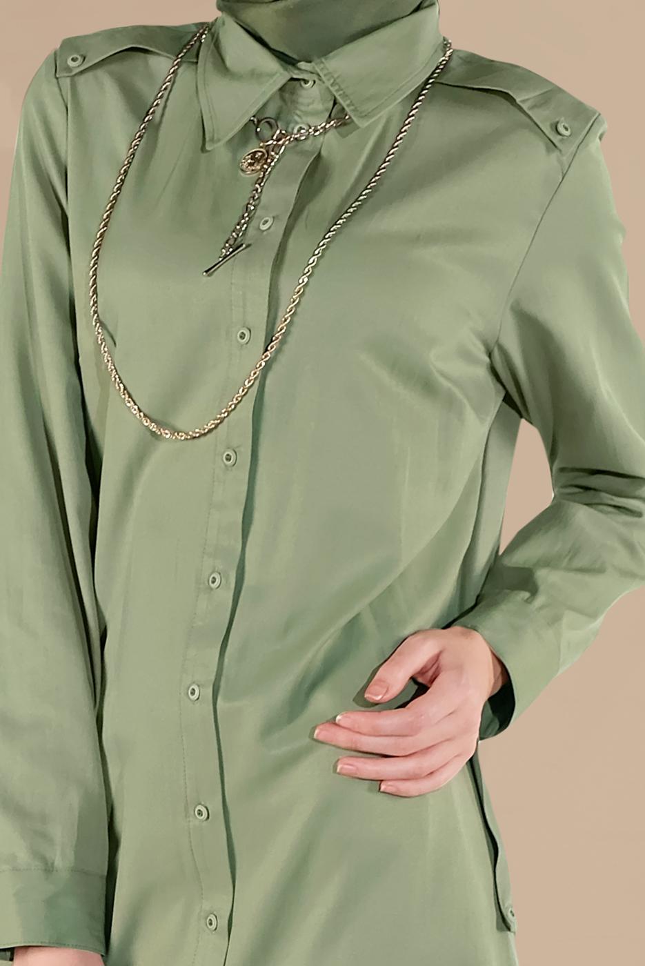 Tesettür giyim YEŞİL PAMUKLU BOYDAN DÜĞMELİ TUNİK 18705 