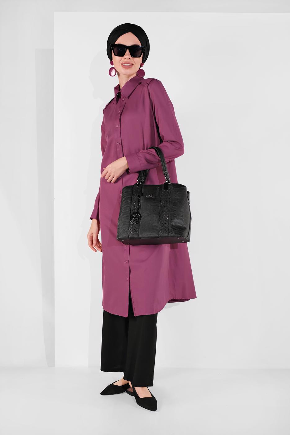 Tesettür giyim PEMBE PAMUKLU BOYDAN DÜĞMELİ TUNİK 18705 