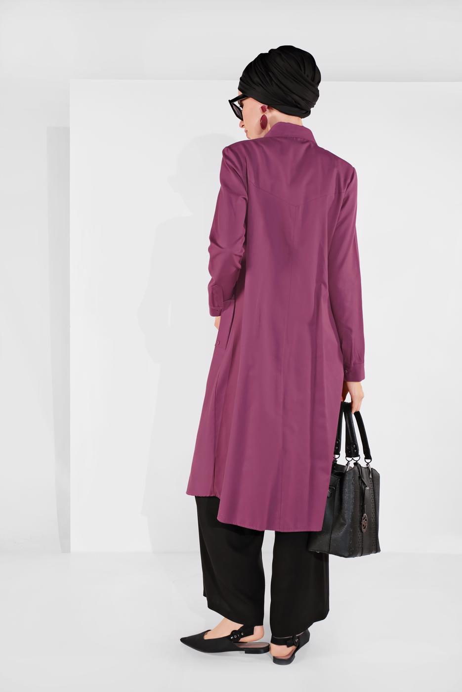 Tesettür giyim PEMBE PAMUKLU BOYDAN DÜĞMELİ TUNİK 18705 