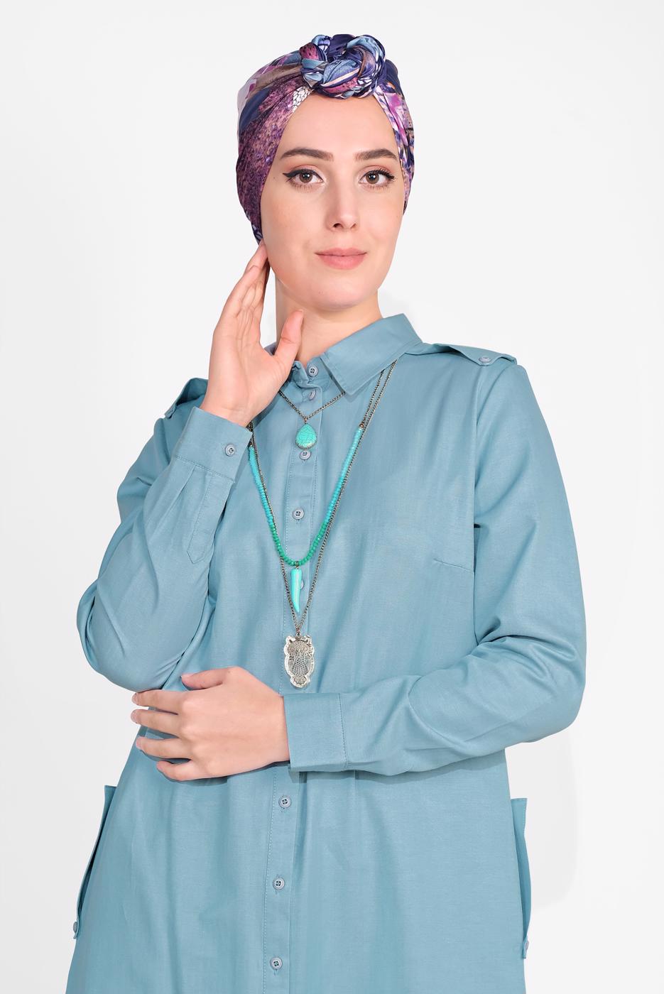 Tesettür giyim MAVİ PAMUKLU BOYDAN DÜĞMELİ TUNİK 18705 