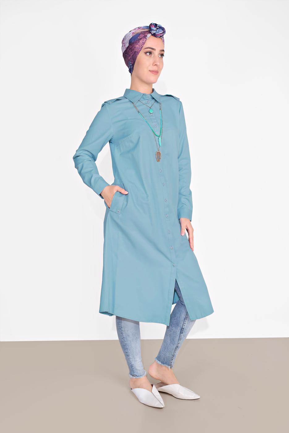 Tesettür giyim MAVİ PAMUKLU BOYDAN DÜĞMELİ TUNİK 18705 